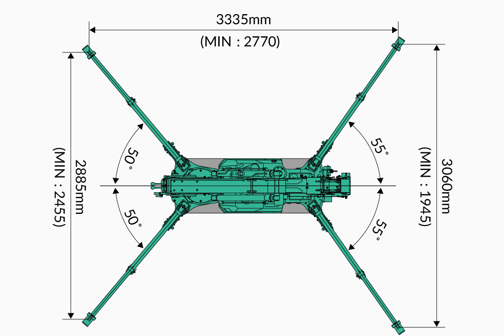 Схема габаритов мини-крана паука Maeda MC174 с выставленными аутригерами (опорами)
