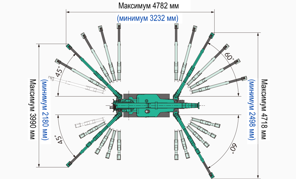 Схема габаритных размеров мини-крана Maeda MC285-3 с выставленными аутригерами (опорами)